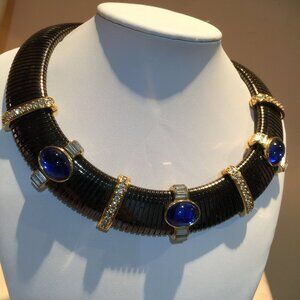 Authentic YSL Vintage Choker Necklace Gold & Gunmetal Blue Sapphire Glass Stones